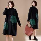 Turtleneck Printed Pullover Dress Black - One Size