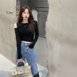 Off Shoulder Crewneck Plain Pleated Long-sleeve Top