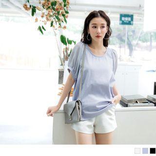 Slit-side Puff-sleeve Round Neck Chiffon Top