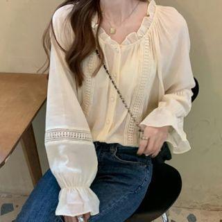 Long-sleeve Paneled Blouse Almond - One Size