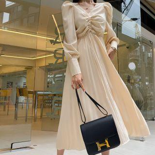 Drawstring-front Pleated Long Dress