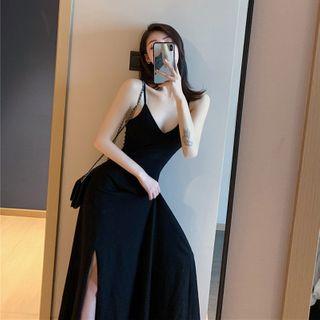 Spaghetti Strap Midi A-line Slit Dress