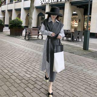 Set: Striped Midi Shirt Dress + Tie Waist Vest