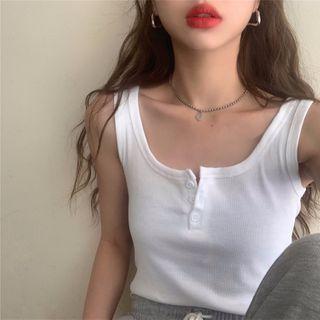 Half Button Sleeveless Crop Top
