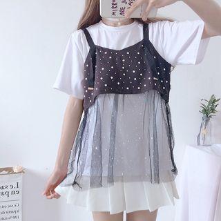 Set: Elbow-sleeve Top + Spaghetti Strap Sheer Top
