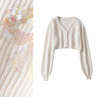 Sequined V-neck Cropped Knit Cardigan White - One Size