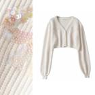 Sequined V-neck Cropped Knit Cardigan White - One Size
