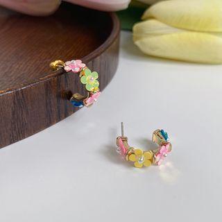 Flower Faux Pearl Alloy Open Hoop Earring 1 Pair - Green - One Size