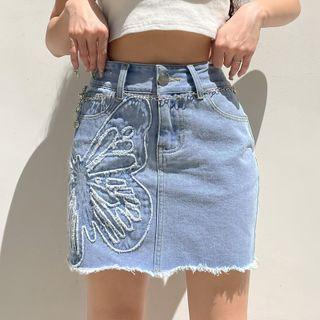 Butterfly Print Mini Pencil Denim Skirt