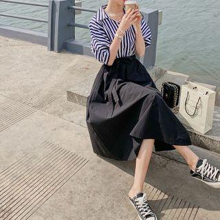Puff-sleeve Striped Panel Midi A-line Dress