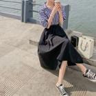 Puff-sleeve Striped Panel Midi A-line Dress