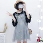 Embroidered 3/4-sleeve Mesh Dress
