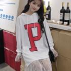 Set: Lettering Mini Hoodie Dress + Long-sleeve Midi Mesh Dress