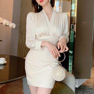 Puff-sleeve Double-breasted Sheath Dress