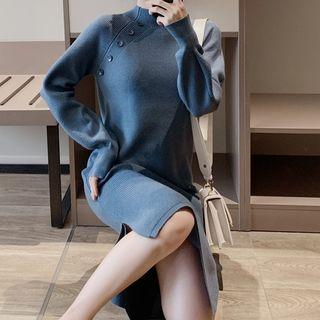 Mock Neck Lantern-sleeve Midi Knit Dress