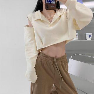 Zipper-shoulder Loose-fit Cropped Polo Sweatshirt
