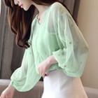 Set: Star Embroidered 3/4 Sleeve Chiffon Blouse + Camisole