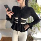 Bell-sleeve Striped Knit Top Black - One Size