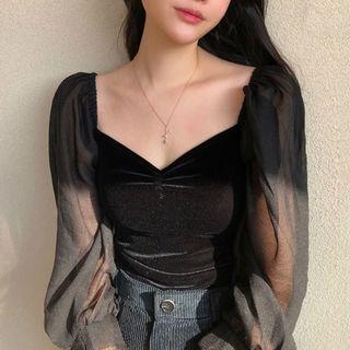 Sweetheart Neckline Balloon-sleeve Velvet Top Black - One Size