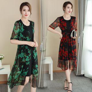 Set: Floral Print Short-sleeve A-line Dress + Tank Dress