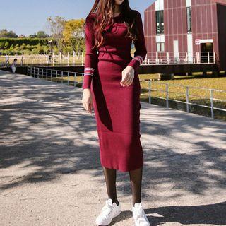 Striped Long-sleeve Midi Knit Sheath Dress