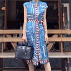 Sleeveless Printed Buttoned Tie Waist Dress
