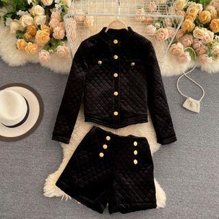 Set : Round-neck Long-sleeve Argyle Jacket + Button Wide-leg Shorts