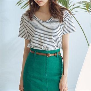 Round-neck Linen Blend Striped T-shirt