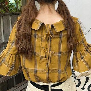 Elbow-sleeve Lace-up Plaid Top