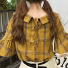 Elbow-sleeve Lace-up Plaid Top