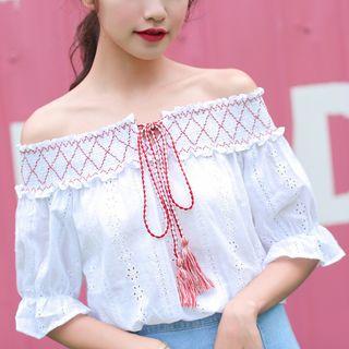 Tasseled Off Shoulder Elbow Sleeve Blouse