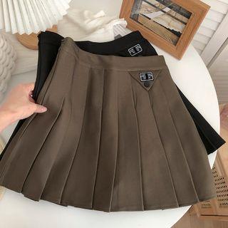 Lettering Patch Pleated Mini A-line Skirt
