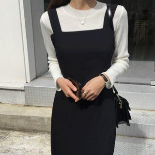 Slit-side H-line Midi Pinafore Dress Black - One Size