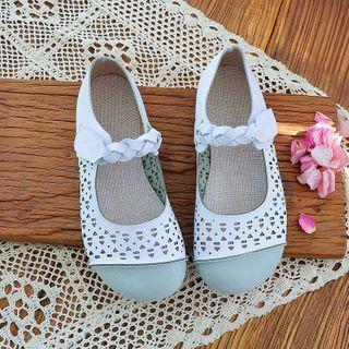 Faux Leather Perforated Braided Strap Mary Jane Flats