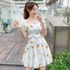 Puff-sleeve Fruit Printed A-line Dress
