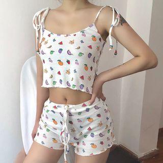 Set Of 2: Fruit Print Camisole Top + Drawstring Shorts
