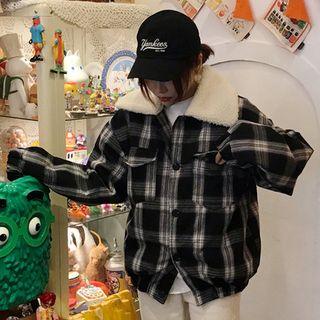 Oversize Fleece Collar Panel Plaid Padded Coat Black - One Size
