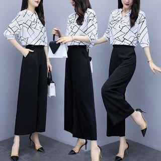 Set: 3/4-sleeve Geometric Pattern Blouse + Wide-leg Pants