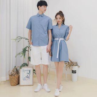 Couple Matching Elbow-sleeve Plain Mini Shirt Dress / Short-sleeve Shirt / Shorts