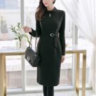 Long-sleeve Belted Midi Sheath Dress