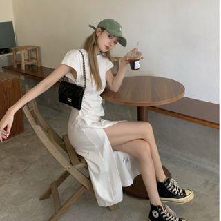 Short-sleeve Slit Midi A-line Dress White - One Size