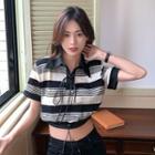Short-sleeve Striped Lace-up Polo Top Black - One Size