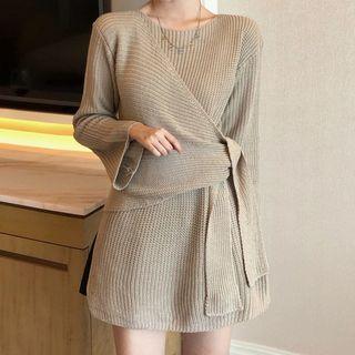 Side Tie Long-sleeve Knit Top Light Coffee - One Size