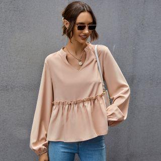 Long-sleeve V-neck Ruched Plain Shirt