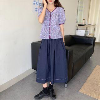 Floral Print Short Sleeve Shirt / A-line Skirt
