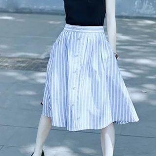 Buttoned Striped A-line Midi Skirt