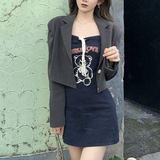 Crop Blazer / Spaghetti Strap Bear Print A-line Dress