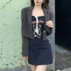 Crop Blazer / Spaghetti Strap Bear Print A-line Dress