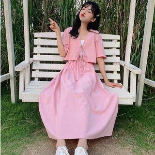 Set: Lace-up Short-sleeve Cropped Top + Midi A-line Skirt
