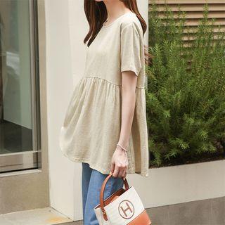 Round-neck Shirred-trim Linen Blend Top